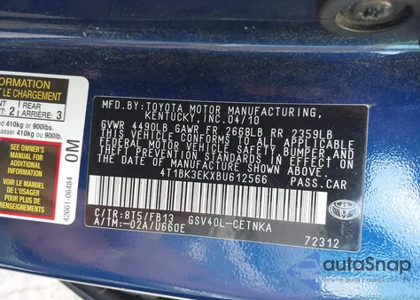 2011 Toyota Camry Le V6 z USA, uszkodzony, nr VIN 4T1BK3EKXBU612566